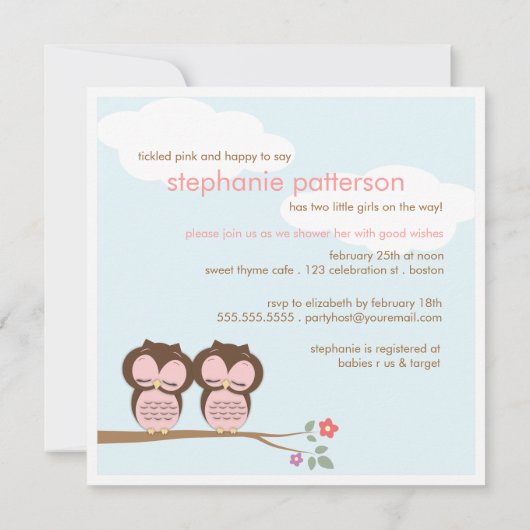 菓子はやじり声フクロウのピンクのベビーシャワーの招待状を結び付けます 招待状 (裏面)