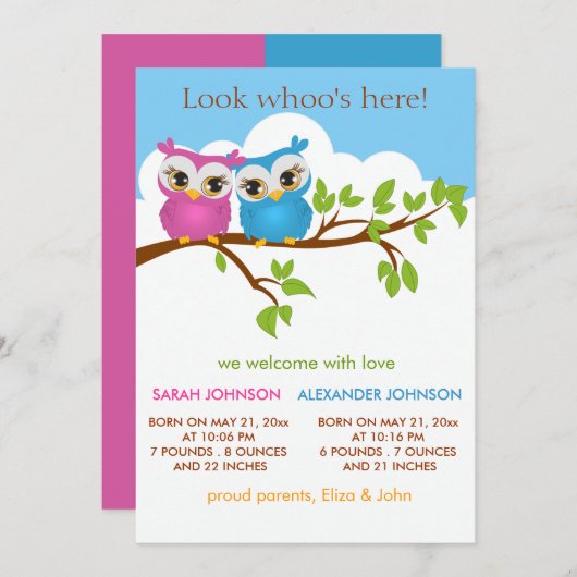 菓子はフクロウの女の赤ちゃんの男の子の誕生の発表を結び付けます 案内状 (正面/裏面)