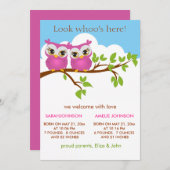 菓子はフクロウの女の赤ちゃんの誕生の発表カードを結び付けます 案内状 (正面/裏面)