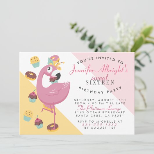 菓子16のかわいいピンクの漫画のフラミンゴの誕生会 招待状 (スタンド正面)