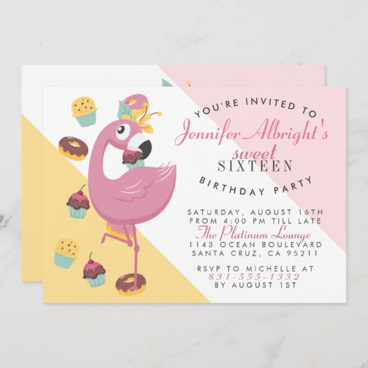 菓子16のかわいいピンクの漫画のフラミンゴの誕生会 招待状 (正面/裏面)