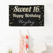 菓子16のきらきら光るなタイポグラフィの金ゴールドの紙吹雪の黒 横断幕 (インサイチュ)