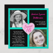 菓子16のティール(緑がかった色)の黒くきらきら光るなハートの写真の招待状 招待状 (正面/裏面)