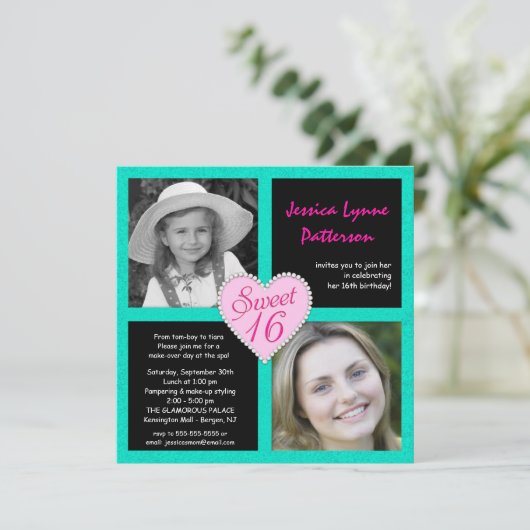 菓子16のティール(緑がかった色)の黒くきらきら光るなハートの写真の招待状 招待状 (スタンド正面)