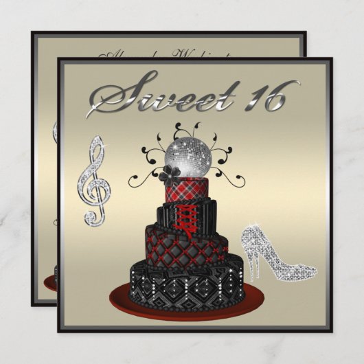 菓子16のディスコの花型女性歌手のケーキ、銀製の輝きのハイヒール 招待状 (正面/裏面)