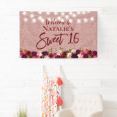 菓子16のバーガンディの赤い花柄のばら色の金ゴールドのグリッター 横断幕 (インサイチュ)