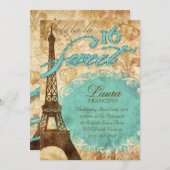 菓子16のパリの招待のエッフェル塔のヴィンテージの青Te 招待状 (正面/裏面)