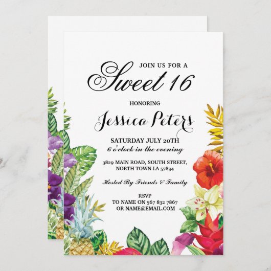 菓子16のパーティーのアロハ熱帯ルアウ（ハワイ式宴会）のTikiの招待 招待状 (正面/裏面)