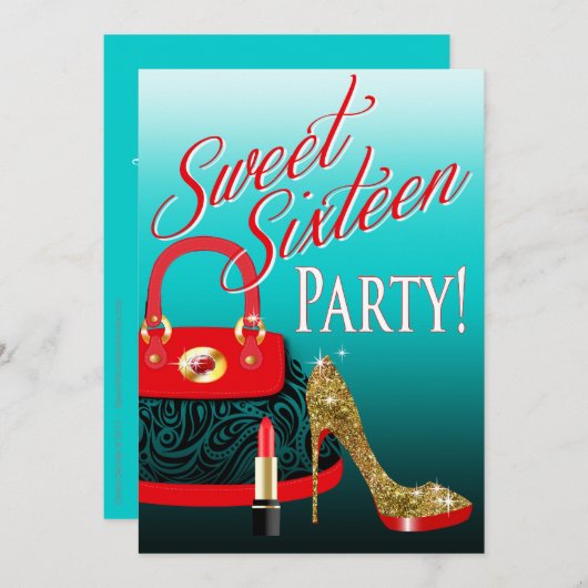 菓子16のパーティーのグリッターの小剣の財布及び口紅 招待状 (正面/裏面)