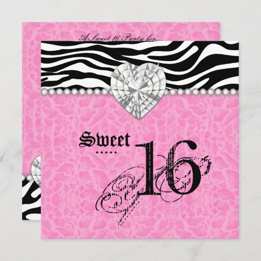 菓子16のパーティーのヒョウのシマウマのレースのハートのダイヤモンド 招待状 (正面/裏面)