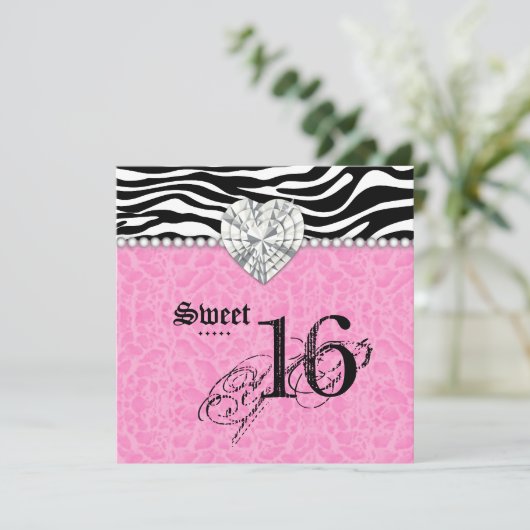 菓子16のパーティーのヒョウのシマウマのレースのハートのダイヤモンド 招待状 (スタンド正面)
