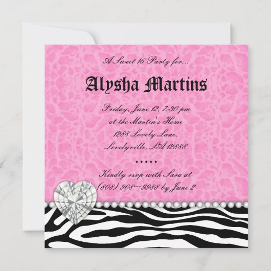 菓子16のパーティーのヒョウのシマウマのレースのハートのダイヤモンド 招待状 (裏面)