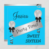 菓子16のパーティーの暗藍色の銀は気球を曲げます 招待状 (正面/裏面)