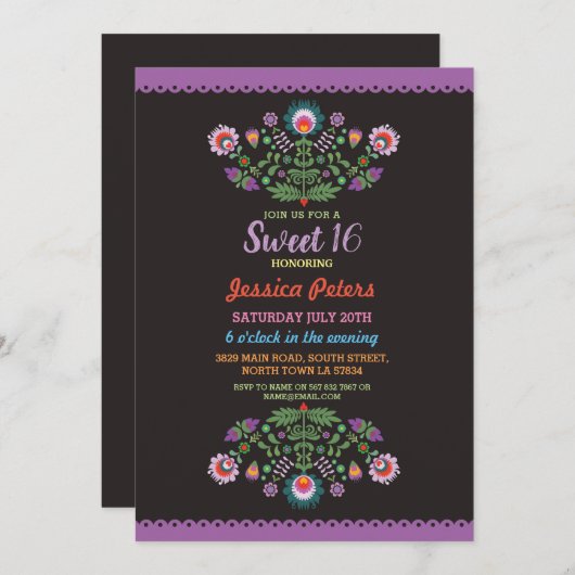 菓子16のパーティーの花のフェスタのメキシコ人の誕生日 招待状 (正面/裏面)