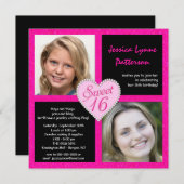 菓子16のピンクの黒くきらきら光るなハートの写真の招待状 招待状 (正面/裏面)