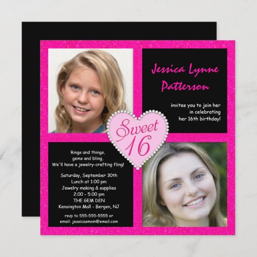 菓子16のピンクの黒くきらきら光るなハートの写真の招待状 招待状 (正面/裏面)