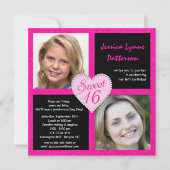 菓子16のピンクの黒くきらきら光るなハートの写真の招待状 招待状 (正面)