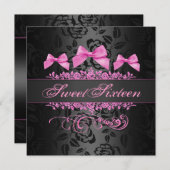 菓子16のピンク及び黒い弓誕生日の招待状 招待状 (正面/裏面)