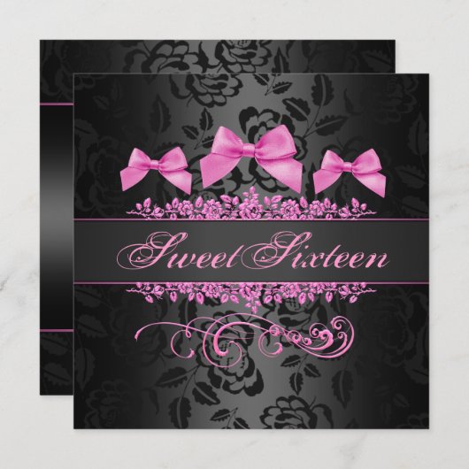 菓子16のピンク及び黒い弓誕生日の招待状 招待状 (正面/裏面)