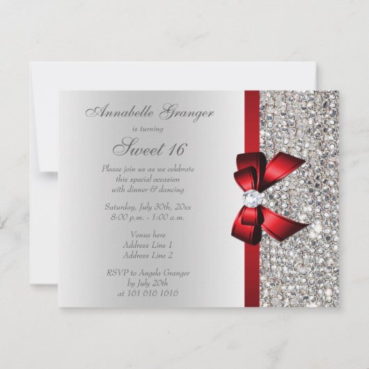菓子16のフェイクな銀製のスパンコールのダイヤモンドの赤い弓 招待状 (裏面)
