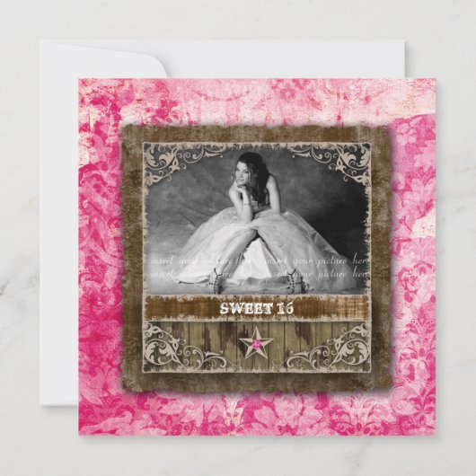 菓子16のヴィンテージの写真カード星のピンク 招待状 (裏面)