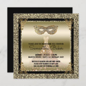 菓子16の仮面舞踏会|のSweet sixteenの黒の金ゴールド 招待状 (正面/裏面)