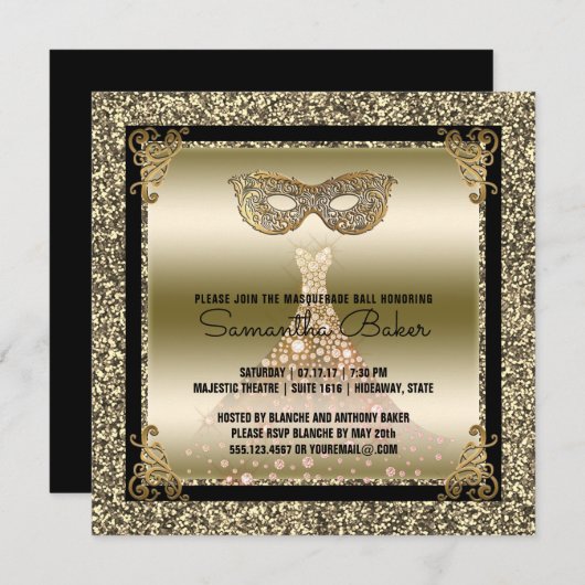菓子16の仮面舞踏会|のSweet sixteenの黒の金ゴールド 招待状 (正面/裏面)