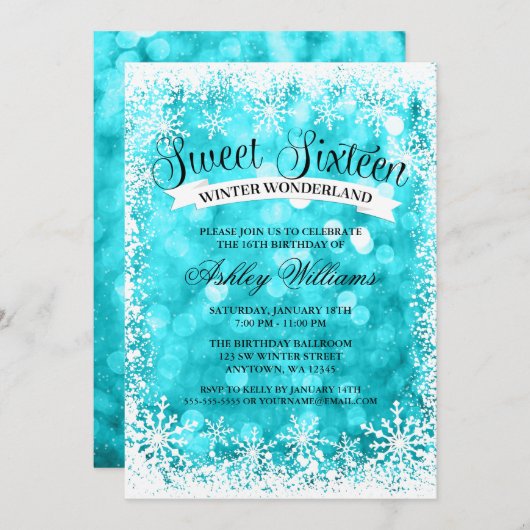 菓子16の冬の不思議の国のティール(緑がかった色)のグリッターライト 招待状 (正面/裏面)