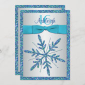 菓子16の招待の|印刷された弓|雪片-青 招待状 (正面/裏面)