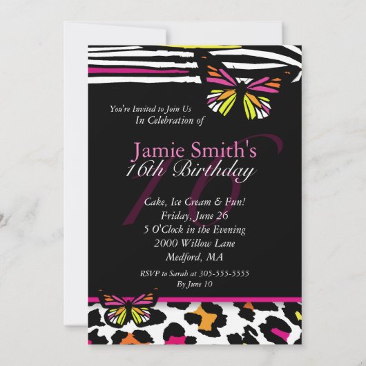 菓子16の招待状の明るい蝶及びシマウマのプリント 招待状 (裏面)