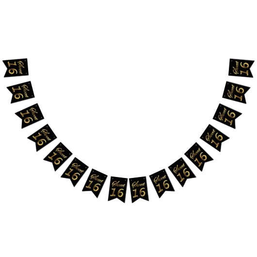 菓子16の第16誕生日記念日の黒および金ゴールド バンティングフラッグ (全)