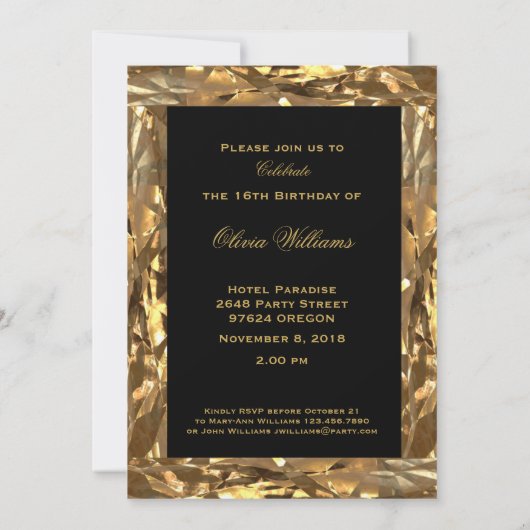 菓子16の第16誕生日記念日の黒および金ゴールド 招待状 (裏面)