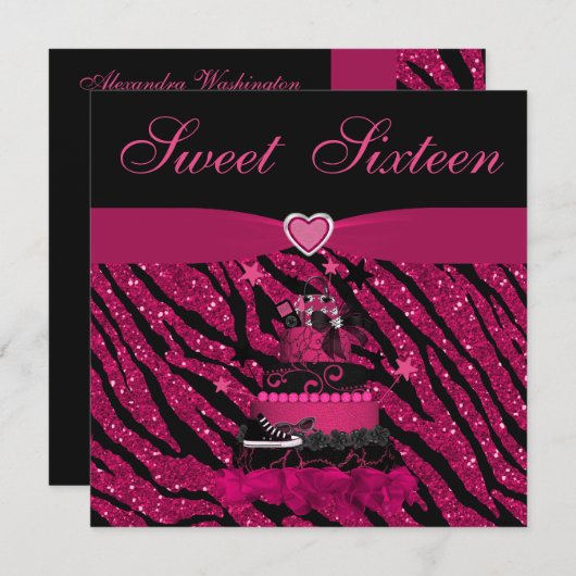 菓子16の粋なピンクのケーキ及びシマウマは縞で飾ります 招待状 (正面/裏面)