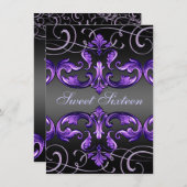 菓子16の紫色のダマスク織及びティアラの誕生日の招待 招待状 (正面/裏面)