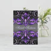 菓子16の紫色のダマスク織及びティアラの誕生日の招待 招待状 (スタンド正面)