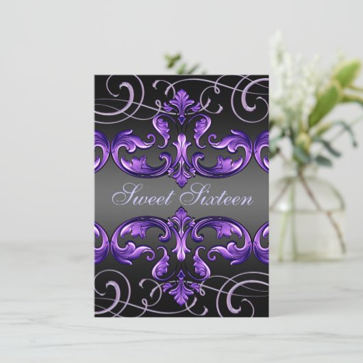 菓子16の紫色のダマスク織及びティアラの誕生日の招待 招待状 (スタンド正面)