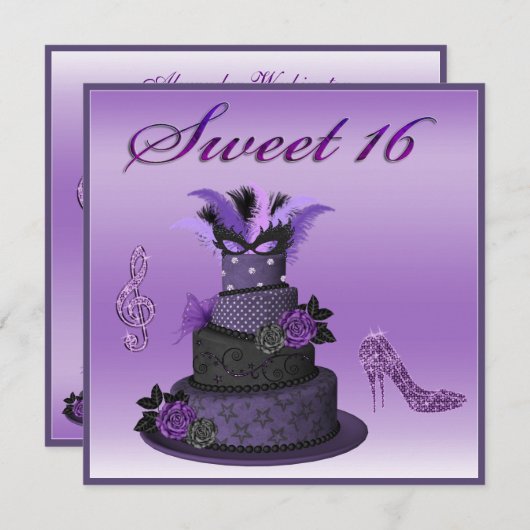 菓子16の紫色の花型女性歌手のケーキ、輝きのハイヒール 招待状 (正面/裏面)
