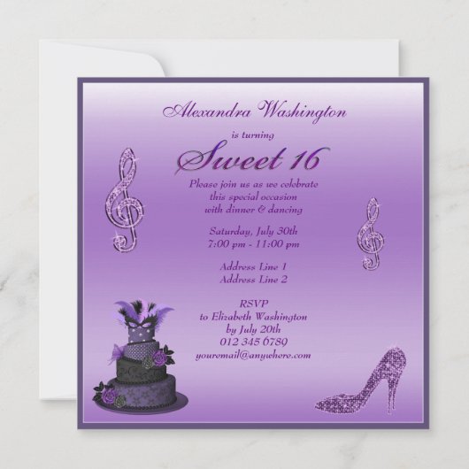 菓子16の紫色の花型女性歌手のケーキ、輝きのハイヒール 招待状 (裏面)