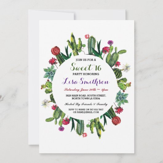 菓子16の誕生会のフェスタのサボテンの招待状 招待状 (正面)