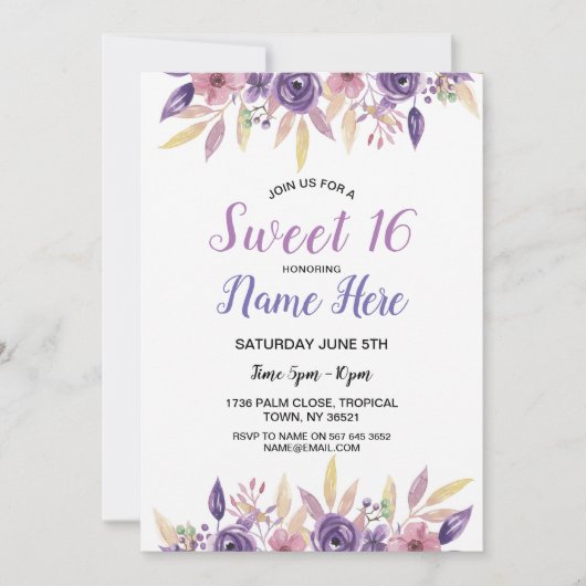 菓子16の誕生会のラベンダーによっては花柄が開花します 招待状 (正面)