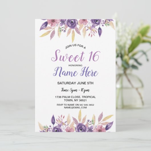 菓子16の誕生会のラベンダーによっては花柄が開花します 招待状 (スタンド正面)