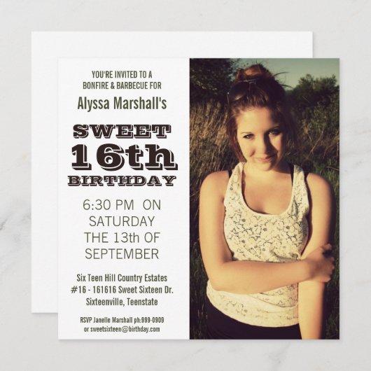 菓子16の誕生会の屋外のポートレートの写真 招待状 (正面/裏面)