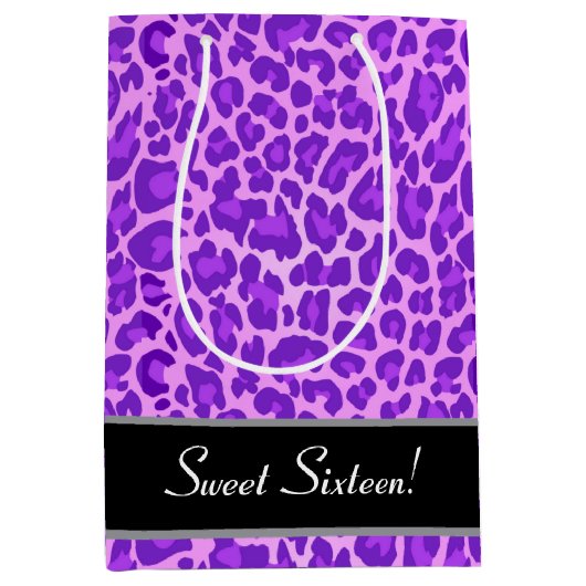菓子16の誕生日のガーリーな紫色のヒョウA27 ミディアムペーパーバッグ (正面)