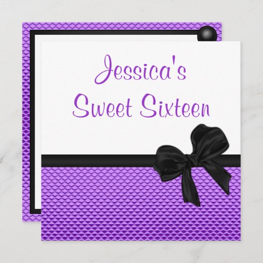 菓子16の誕生日の紫色の白く黒い弓 招待状 (正面/裏面)