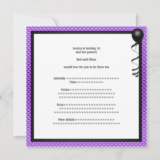 菓子16の誕生日の紫色の白く黒い弓 招待状 (裏面)