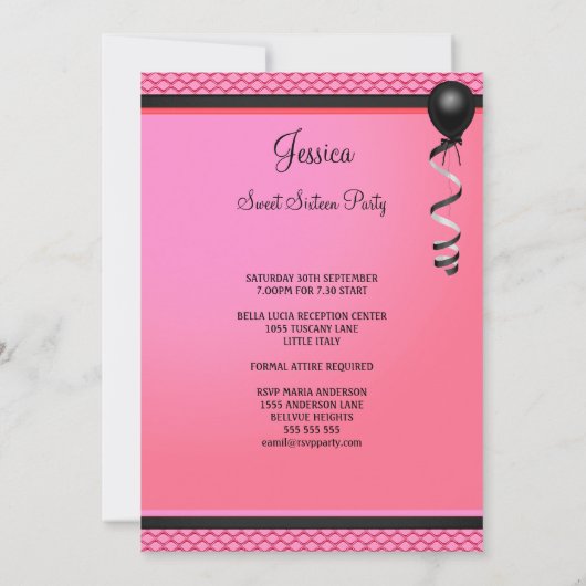 菓子16の誕生日の魅力的なピンクのグリッターの黒の弓 招待状 (裏面)