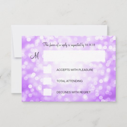 菓子16の誕生日RSVPの紫色のグリッターライト 出欠カード (正面)