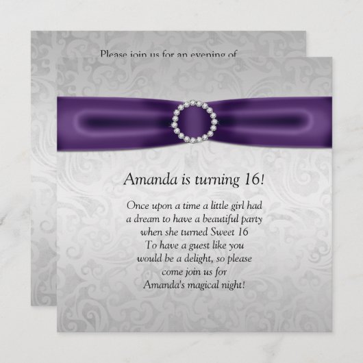 菓子16の銀製のダマスク織の紫色のリボンのダイヤモンド 招待状 (正面/裏面)