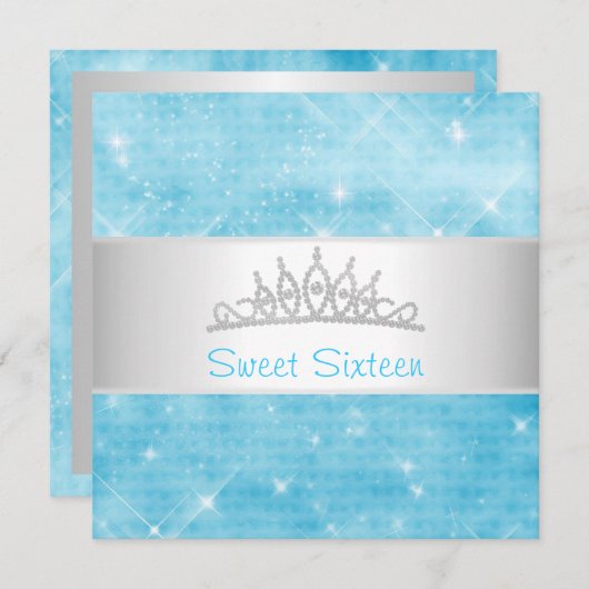 菓子16の青いグリッターの銀の宝石のティアラのパーティー16 招待状 (正面/裏面)