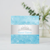 菓子16の青いグリッターの銀の宝石のティアラのパーティー16 招待状 (スタンド正面)